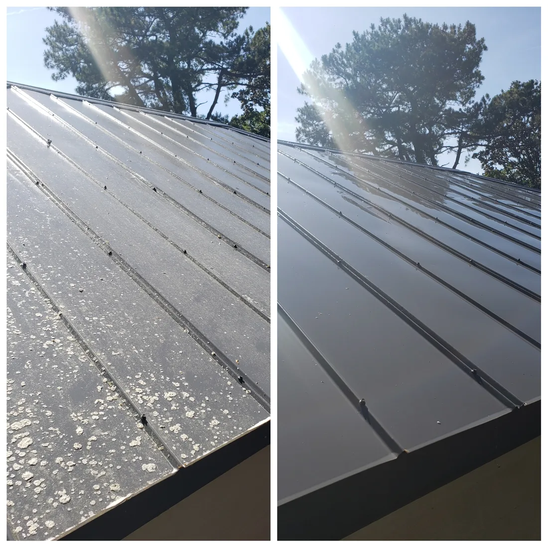 Metal roof before and after exterior cleaning