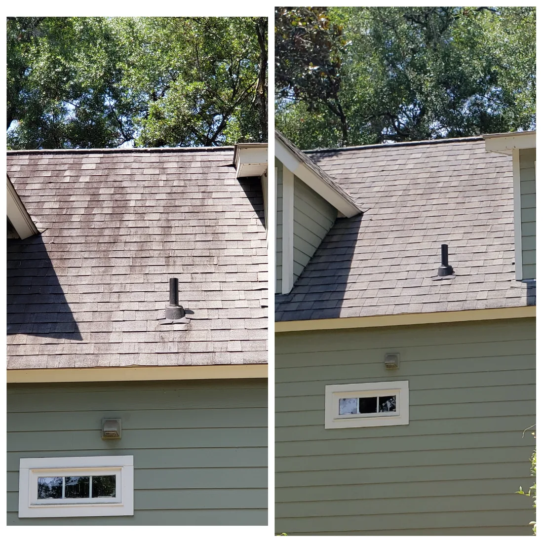 Before and after roof washing on a Charleston-area home